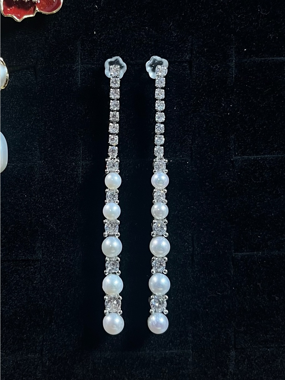 Long Pearl and Crystal Linear Drop Earrings - White